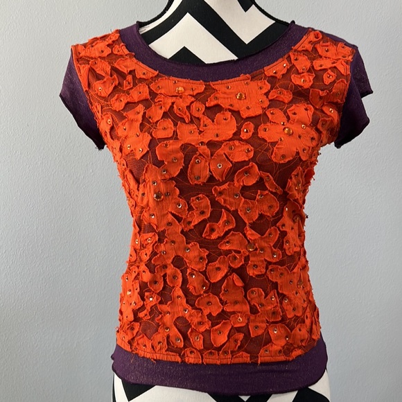 VINTAGE 90S RETRO ORANGE PURPLE LACE THREE PIECE TOP SKIRT - Picture 11 of 16